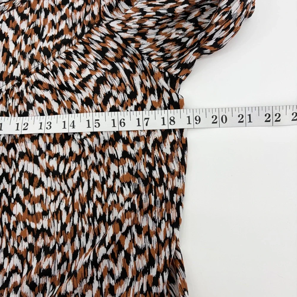 LOFT Womens Small Rust Black White Blouse Abstract Ikat Puff Sleeve Mixed Media